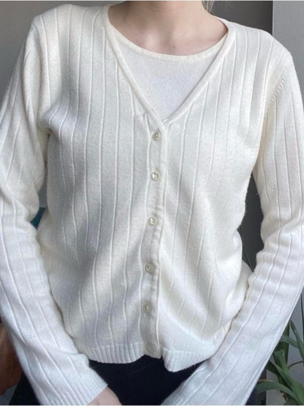 Sears Cream Ribbed V-Neck Button-Up Cardigan - Picture 3 of 5